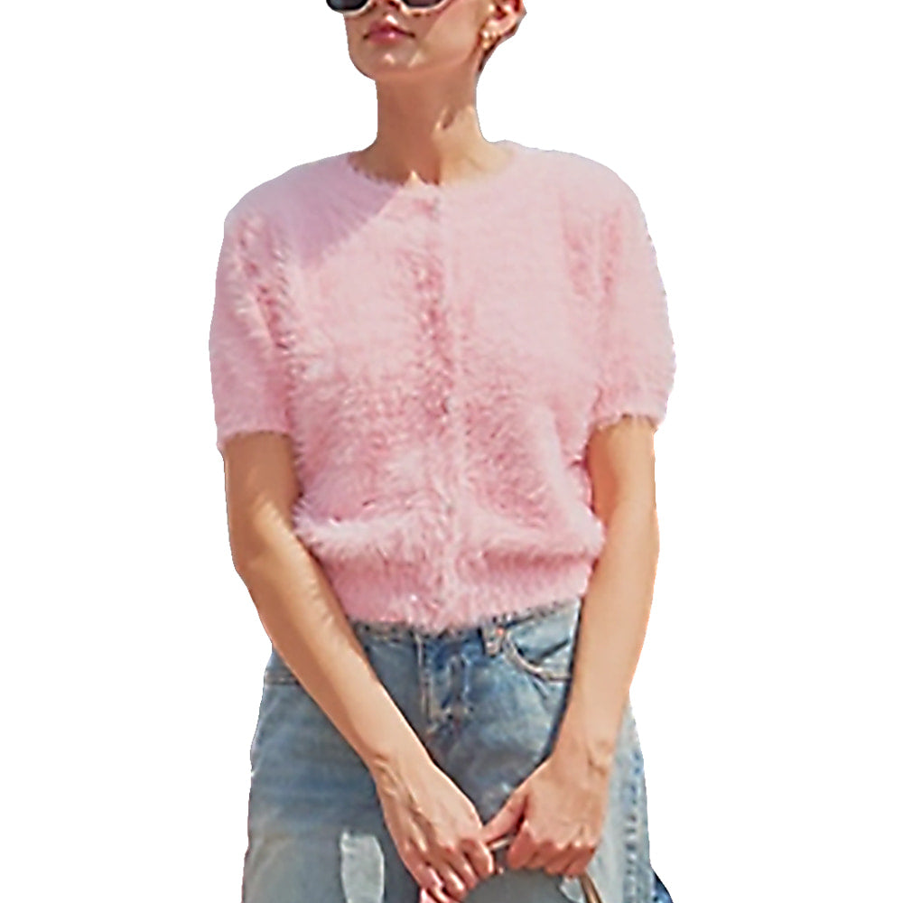 Merci Apparel Merci Mohair Knit Flamingo Pink Short Sleeve Women's Cardigan Sweater