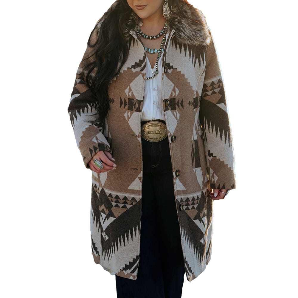 Montana Co. Clothing Apparel Womens Aztec Long Coat Fur Collar