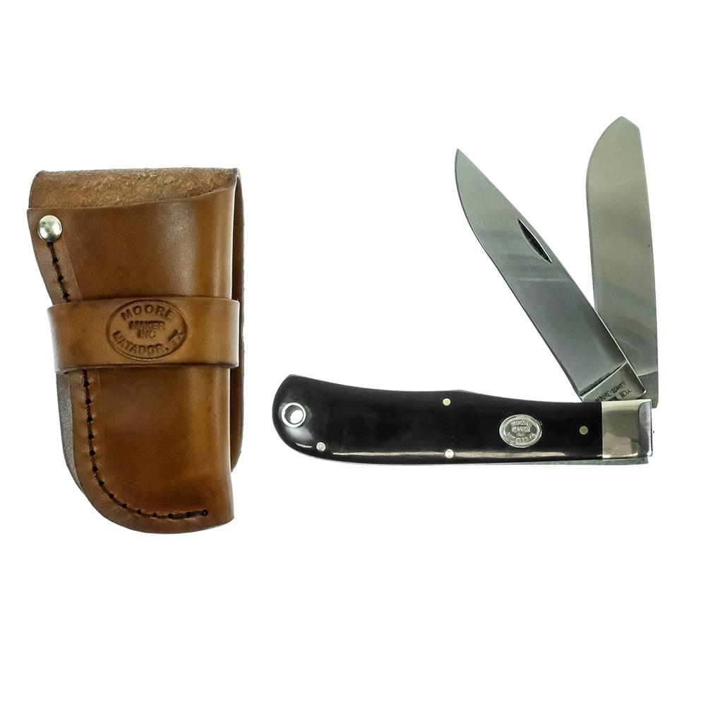 Moore Maker Knives 4 1/2" / Black Moore Maker Buffalo Horn Large Trapper Folding Knife with Sheath