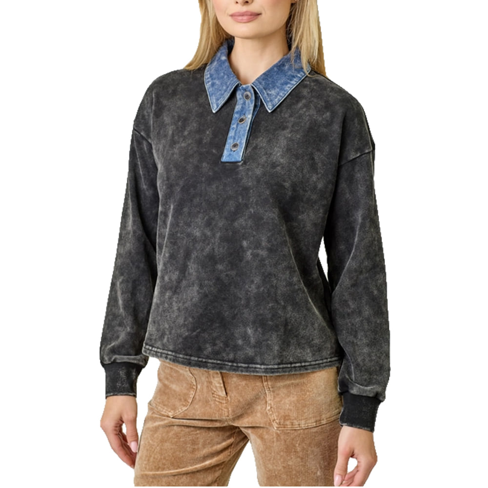 Mystree Apparel Washed Black / S Mystree Women's Denim Collar Washed Polo Shirt