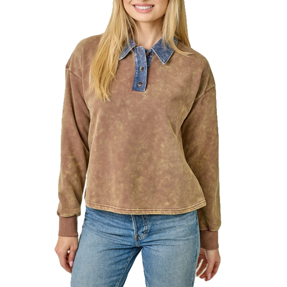 Mystree Apparel Washed Oatmeal / S Mystree Women's Denim Collar Washed Polo Shirt