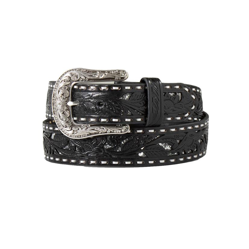 Nocona Belts Apparel Nocona Belts Black Floral Tooled Belt