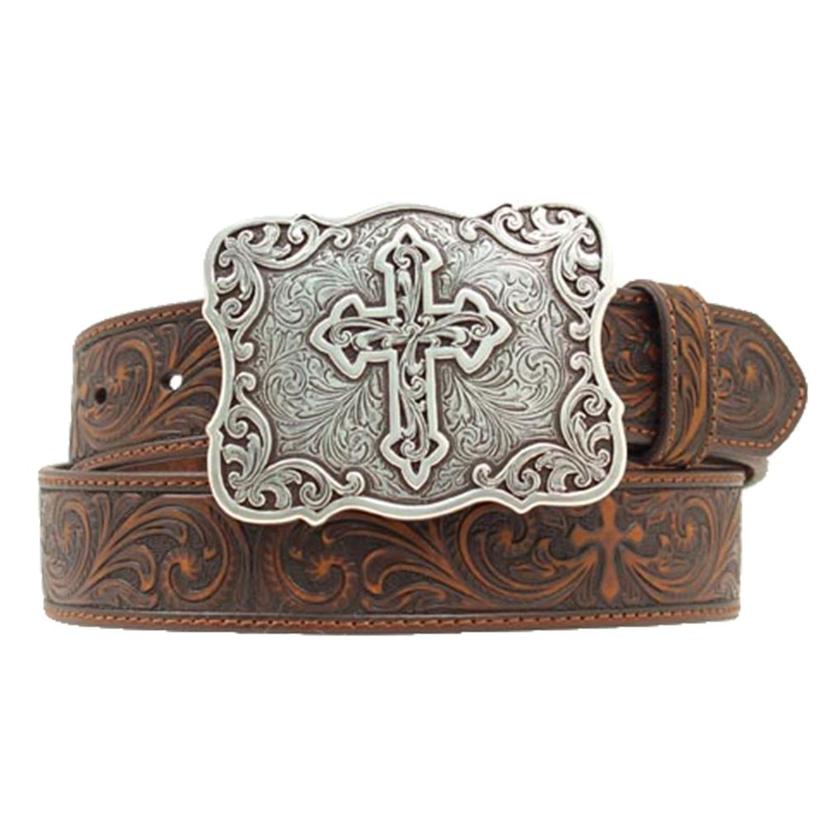 Nocona Belts Apparel Nocona Belts Cross and Scroll Tooled Women's Belt with Silver Cross Buckle