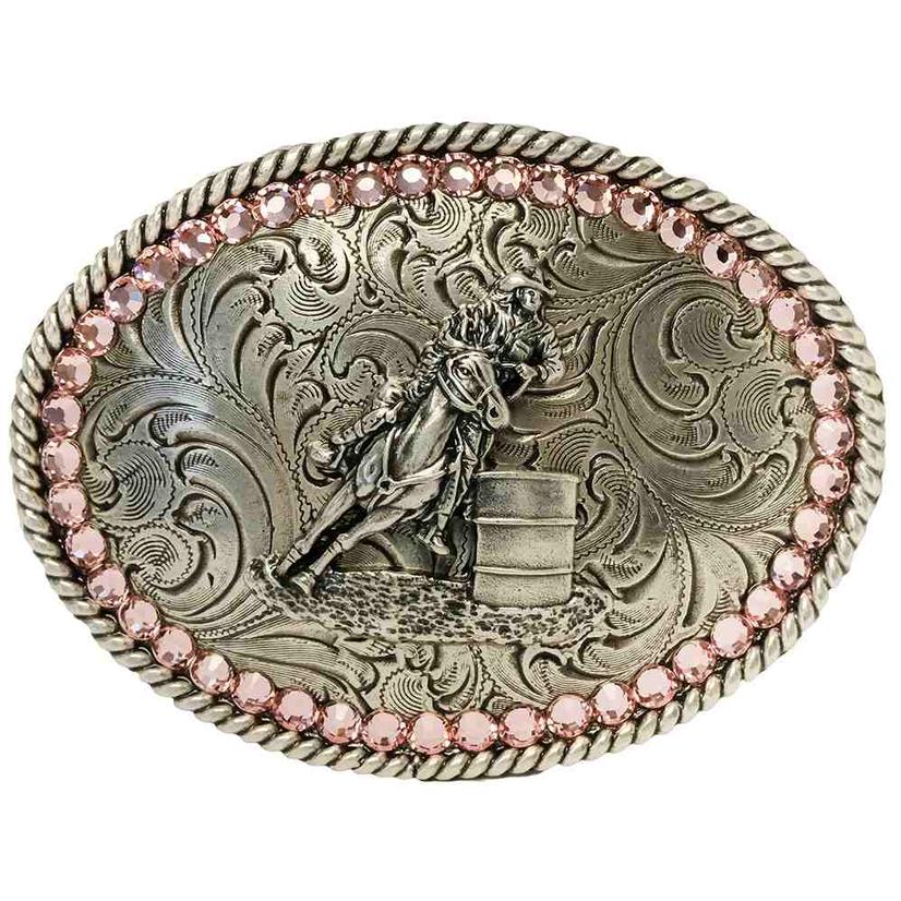 Nocona Belts Apparel Silver / Osfa Nocona Silver with Pink Rhinestone Barrel Racer Oval Belt Buckle
