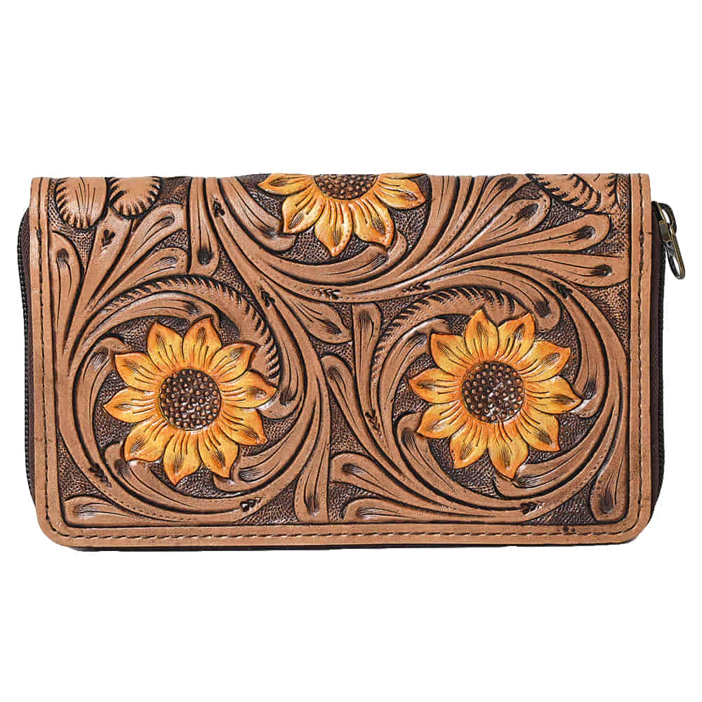 Ohlay Bags Other Brown Ohlay Sunflower Tooled Wallet with Zipper Closure