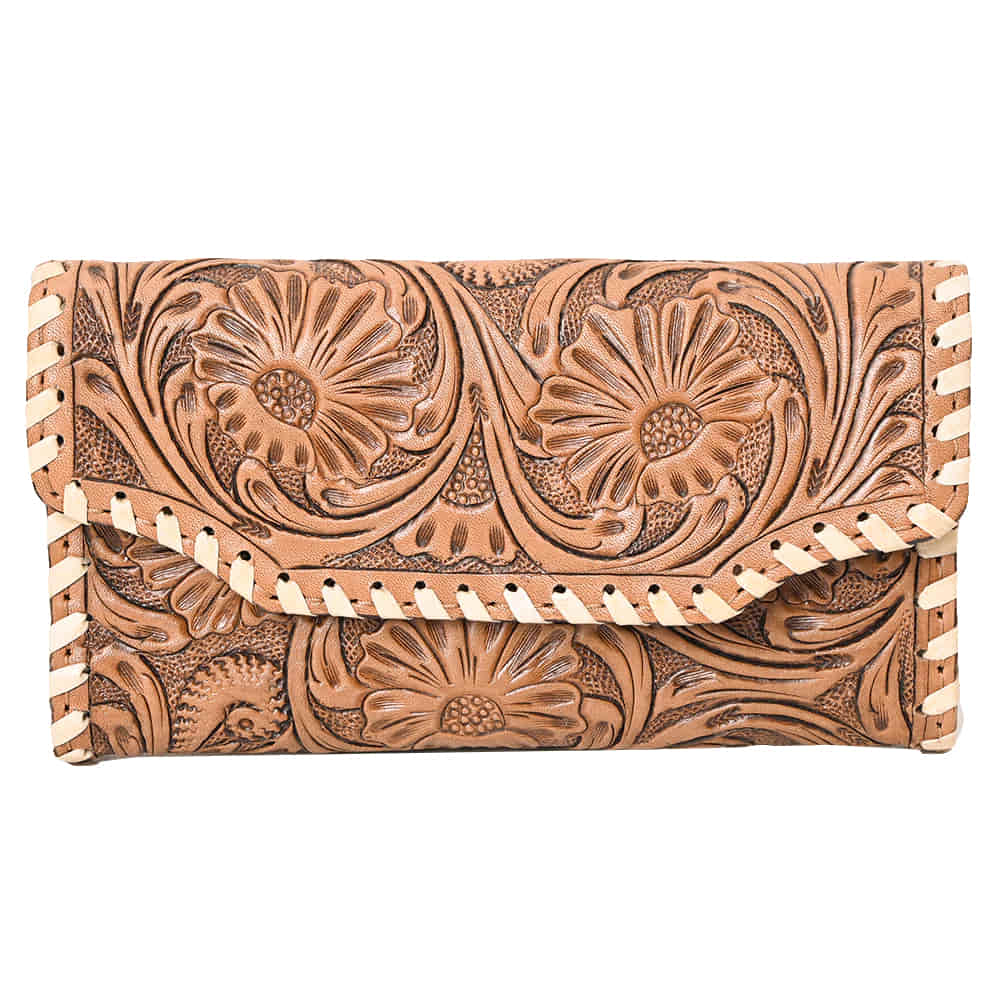 Ohlay Bags Other Ohlay Brown and Tan Tooled Wallet with Tan Buckstitch and Snap Closure