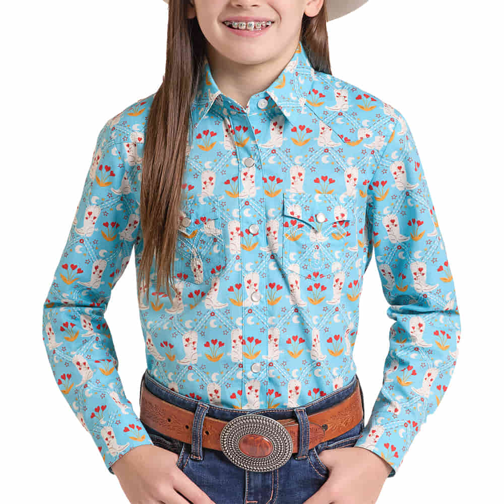 PANHANDLE SLIM 1000 GIRLS SHIRTS AND DRESSES Girls Boot Print Snap Shirt