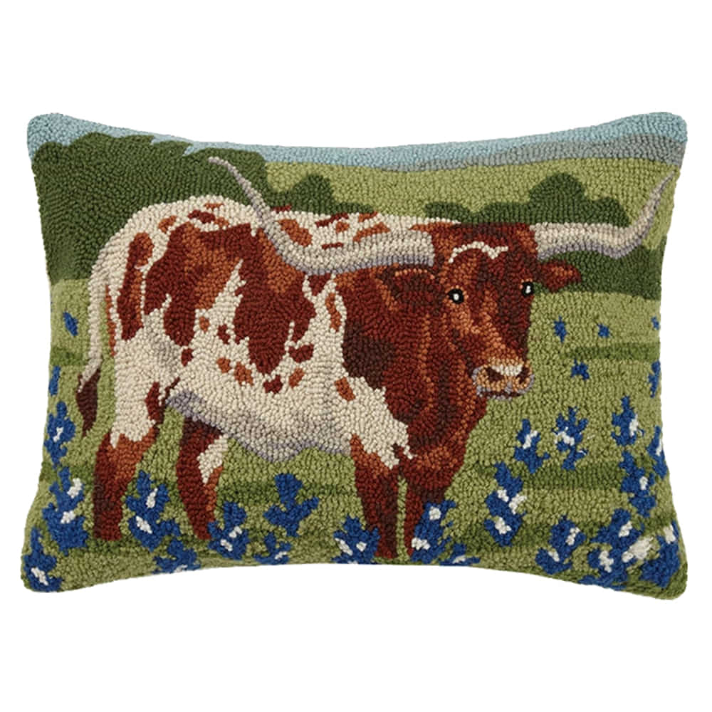 Peking Handicraft Home Decor Longhorn in Blue Bonnets Field Hook Pillow