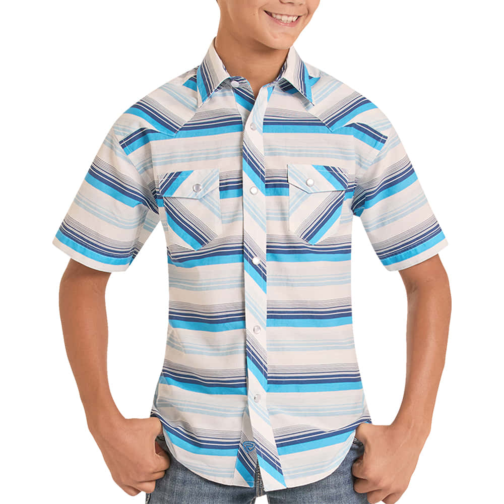 ROCK AND ROLL COWBOY 1000 BOYS SHIRTS BOYS SHORT SLEEVE TENCEL BLEND STRIPE PRINT IN BLUE