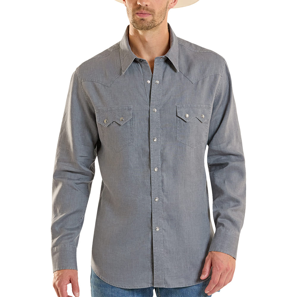 ROCK AND ROLL COWBOY 1000 LONG SLEEVE MENS SOLID LINEN BLEND LONG SLEEVE SNAP SHIRT IN SLATE