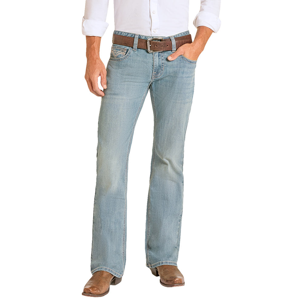 ROCK AND ROLL COWBOY 200 MENS PANTS AND JEANS MENS STEP STITCH EMBRODIERY PISTOL BOOTCUT IN LIGHT VINTAGE