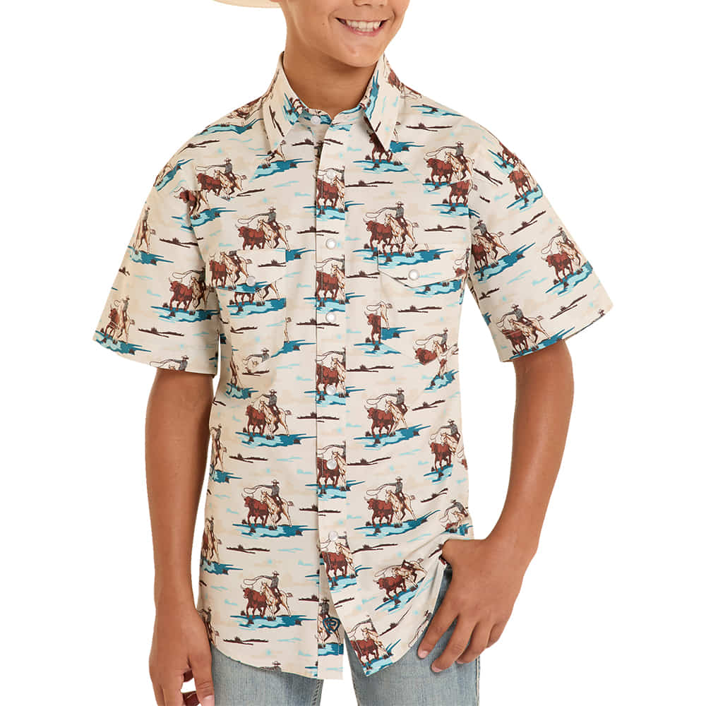 ROCK AND ROLL COWBOY 2000 SHORT SLEEVE BOYS COWBOY NOVELY PRINT SHORT SLEEVE SNAP SHIRT IN TEAL