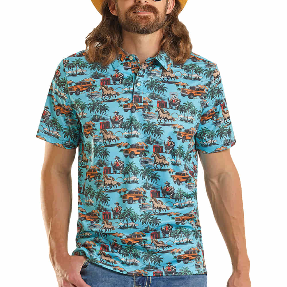 ROCK AND ROLL COWBOY 2000 SHORT SLEEVE MENS CONVERSATIONAL PRINT POLO IN BRIGHT TURQUOISE