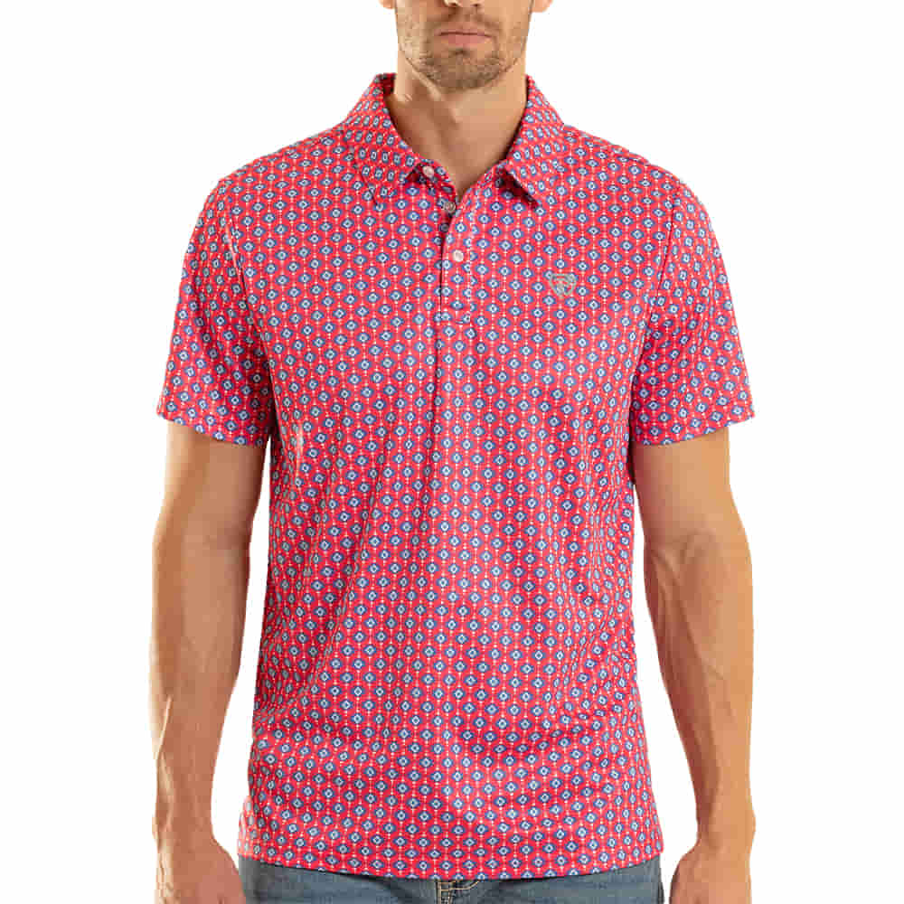 ROCK AND ROLL COWBOY 2000 SHORT SLEEVE MENS MINI AZTEC PRINT POLO IN HOT PINK