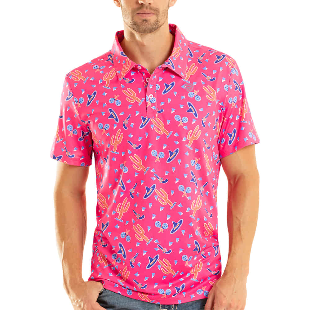 ROCK AND ROLL COWBOY 2000 SHORT SLEEVE MENS PIESTA PRINT POLO IN HOT PINK