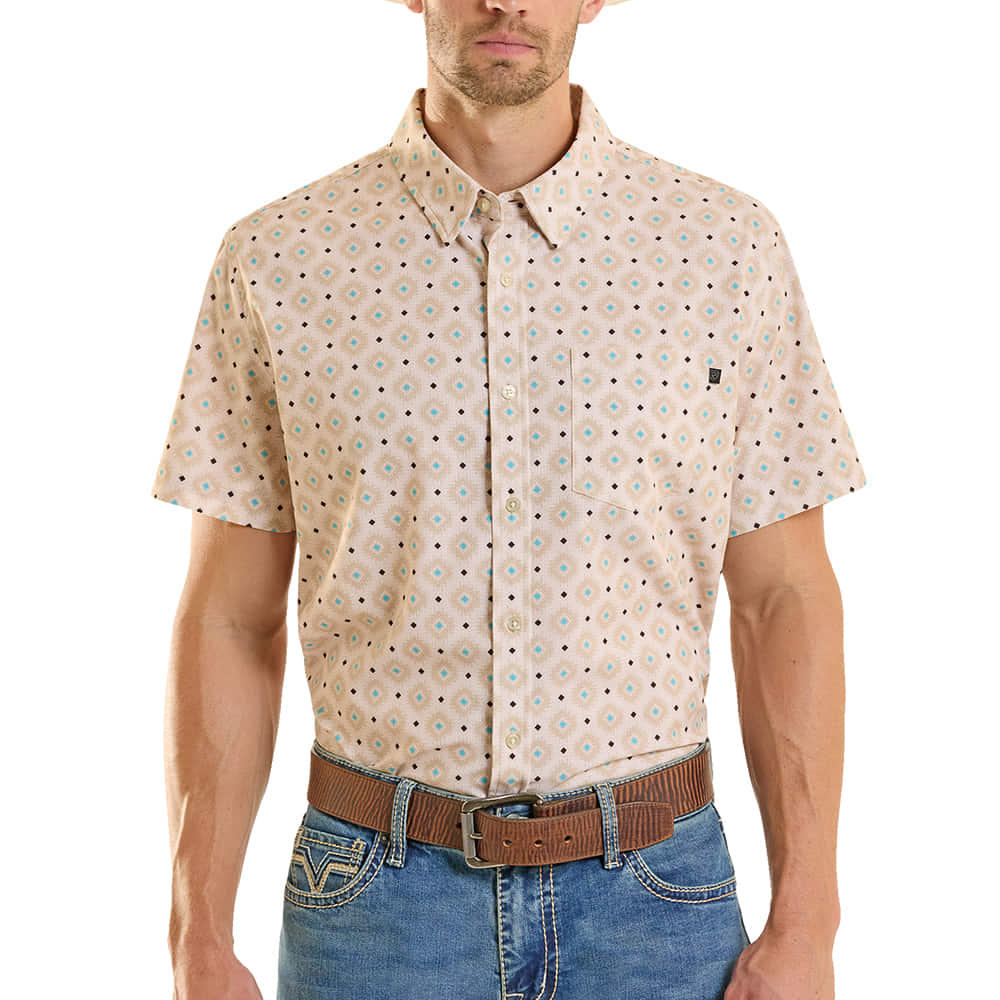 ROCK AND ROLL COWBOY 2000 SHORT SLEEVE MENS SHORT SLEEVE BUTTON DOWN DIAMON PRINT WESTERN TEK IN NATURAL