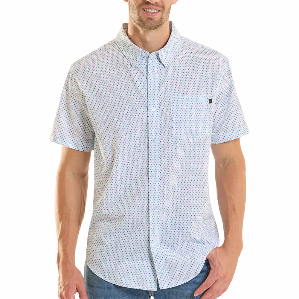 ROCK AND ROLL COWBOY 2000 SHORT SLEEVE MENS SHORT SLEEVE BUTTON DOWN WESTERN TEK MINI GEO PRINT IN WHITE