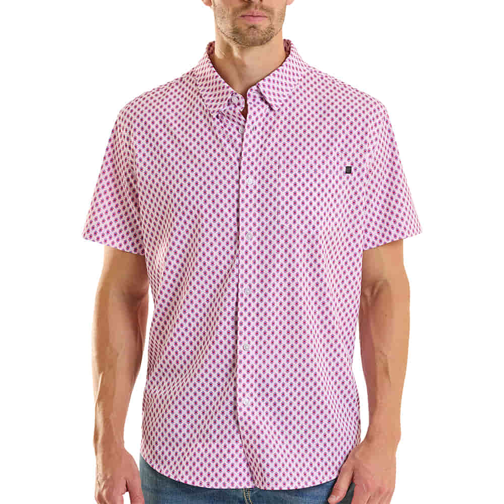 ROCK AND ROLL COWBOY 2000 SHORT SLEEVE MENS SHORT SLEEVE BUTTON WESTERN TEK IN MINI GEO PRINT WHITE AND PINK