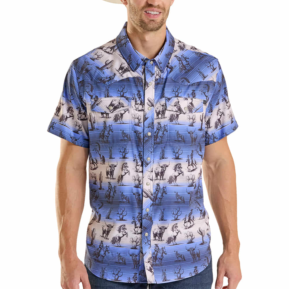 ROCK AND ROLL COWBOY 2000 SHORT SLEEVE MENS SHORT SLEEVE WESTERN TEK SNAP CONVERSATIONAL OMBRE PRINT BLUE