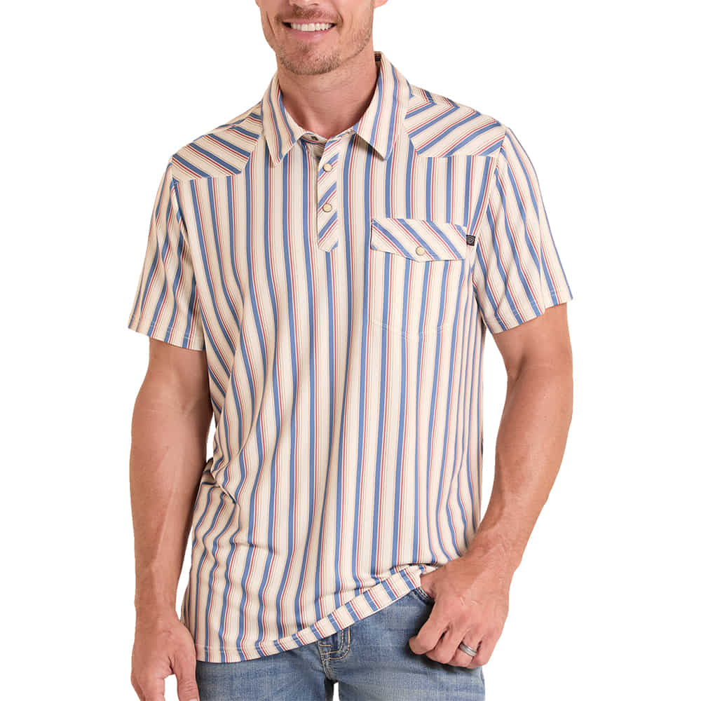 ROCK AND ROLL COWBOY 2000 SHORT SLEEVE MENS STRIPE PRINT WESTERN POLO IN NATURAL