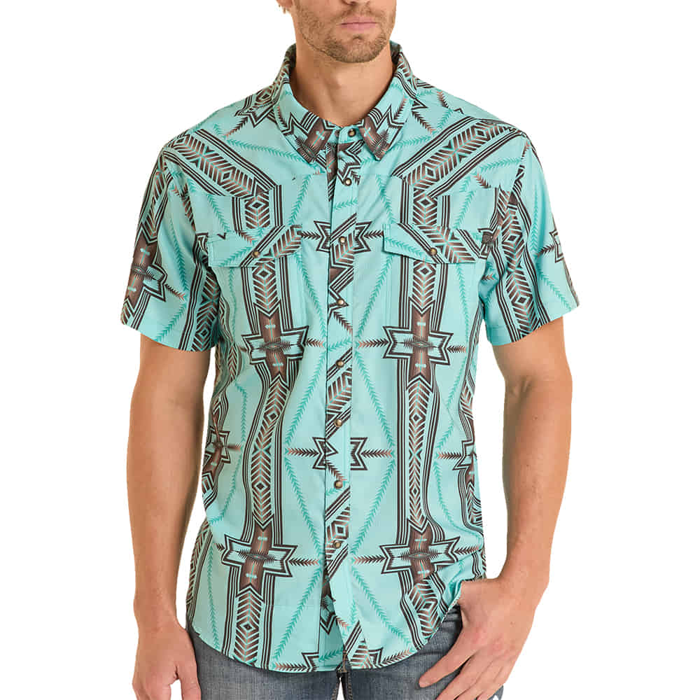 ROCK AND ROLL COWBOY 2000 SHORT SLEEVE MENS WESTERN TEK SHORT SLEEVE SNAP AZTEC PRINT IN AQUA