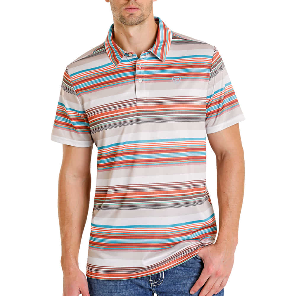 Rock and Roll Cowboy Apparel Rock and Roll Cowboy Men's Serape Stripe Print Polo in Tan