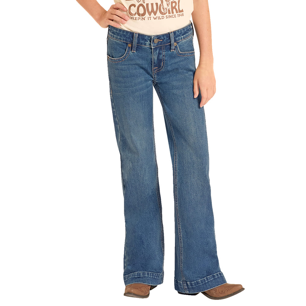 ROCK AND ROLL COWGIRL 2000 GIRLS PANTS AND JEANS GIRLS EXTRA STRETCH STITCHED WELT POCKET TROUSER IN MEDIUM WASH