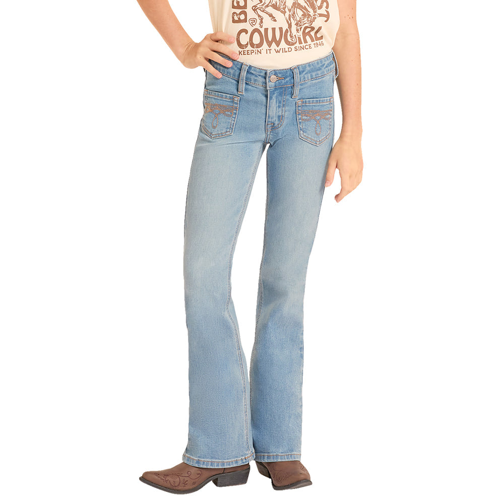 ROCK AND ROLL COWGIRL 2000 GIRLS PANTS AND JEANS GIRLS PATCH POCKET BOOTCUT JEAN IN LIGHT WASH