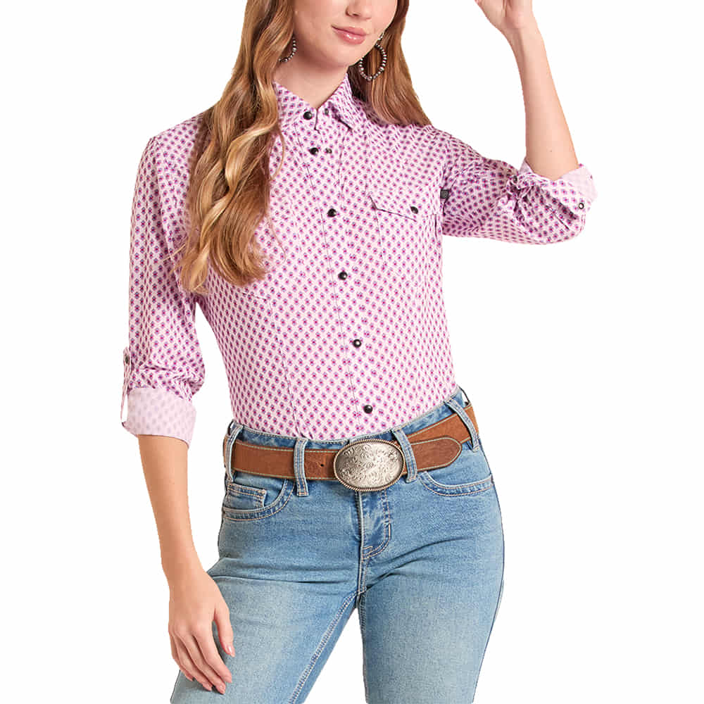 ROCK AND ROLL COWGIRL 2000 LONG SLEEVE WOMENS TEK WESTERN LONG SLEEVE SNAP MINI GEO PRINT LONG SLEEVE SHIRT IN WHITE