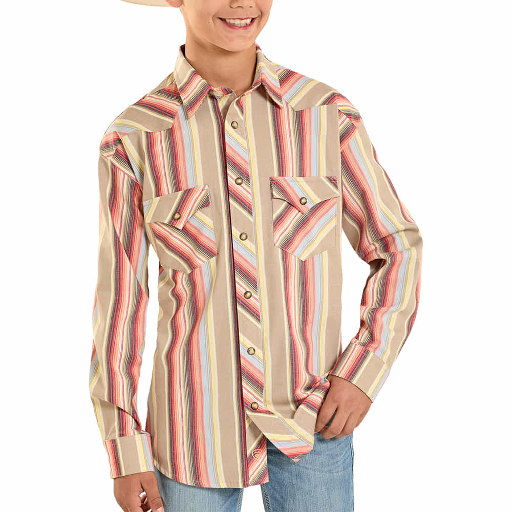 Rock & Roll Cowboy Apparel Rock & Roll Cowboy Boy's Brown Vintage Stripe Long Sleeve Snap Shirt