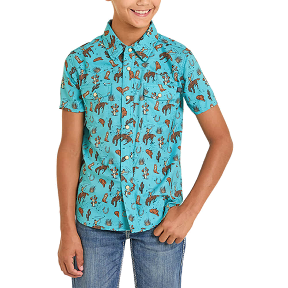 Rock & Roll Cowboy Apparel Rock & Roll Cowboy Boy's Peacock Short Sleeve Horse Print Snap Shirt