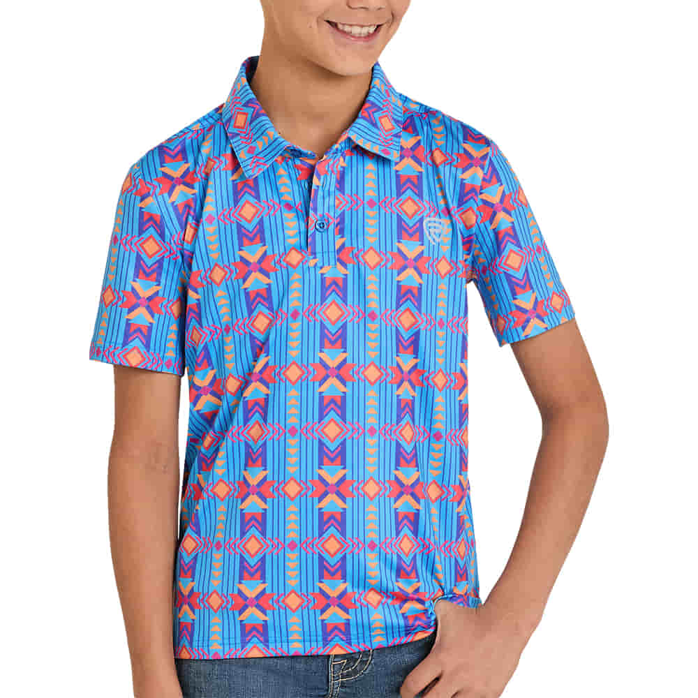 Rock & Roll Cowboy Apparel Rock & Roll Cowboy Boy's Southwestern Print Polo in Sapphire