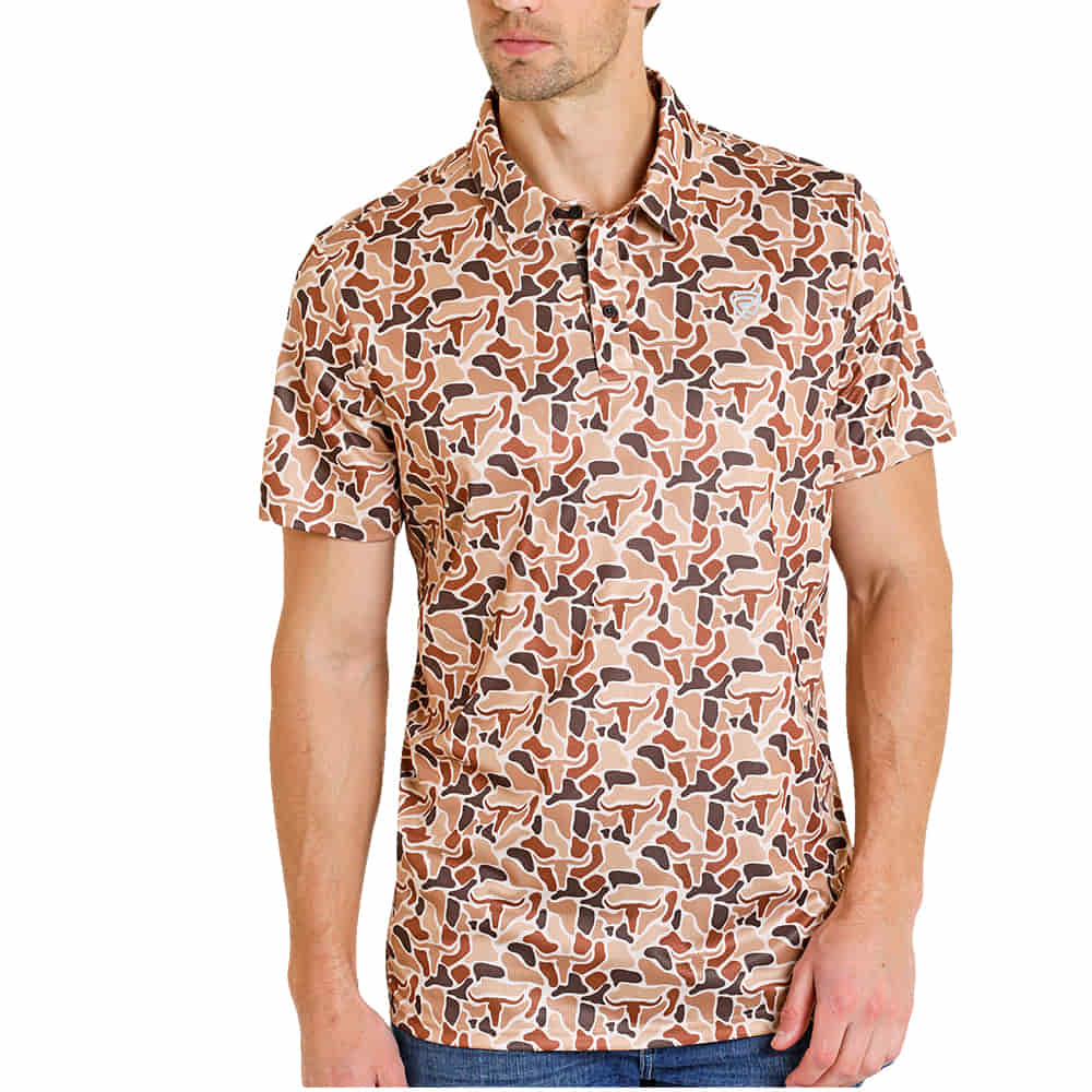 Rock & Roll Cowboy Apparel Rock & Roll Cowboy Men's Camel Skull Print Shirt Sleeve Polo