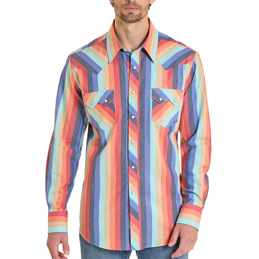 Rock & Roll Cowboy Apparel Rock & Roll Cowboy Men's Orange Retro Stripe Long Sleeve Snap Shirt
