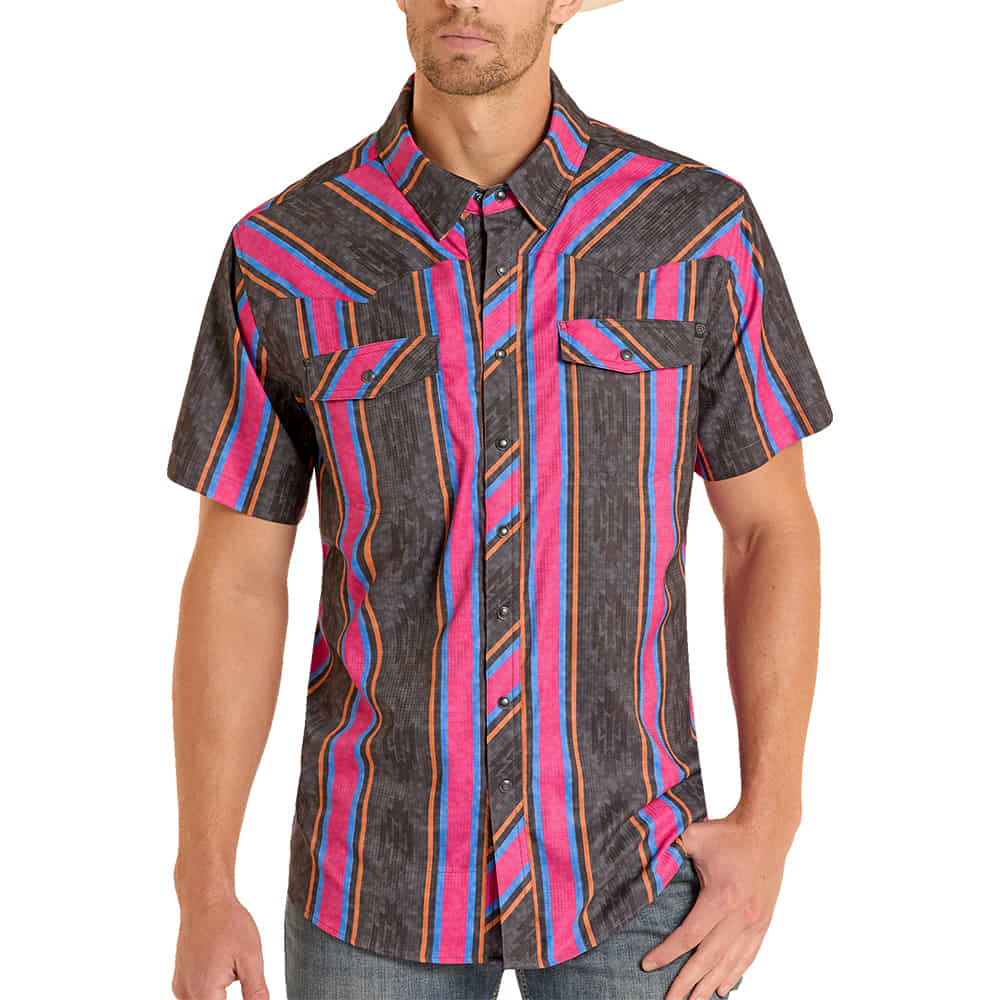 Rock & Roll Cowboy Apparel Rock & Roll Cowboy Men's Western Tek Short Sleeve Snap Aztec Print Shirt in Black