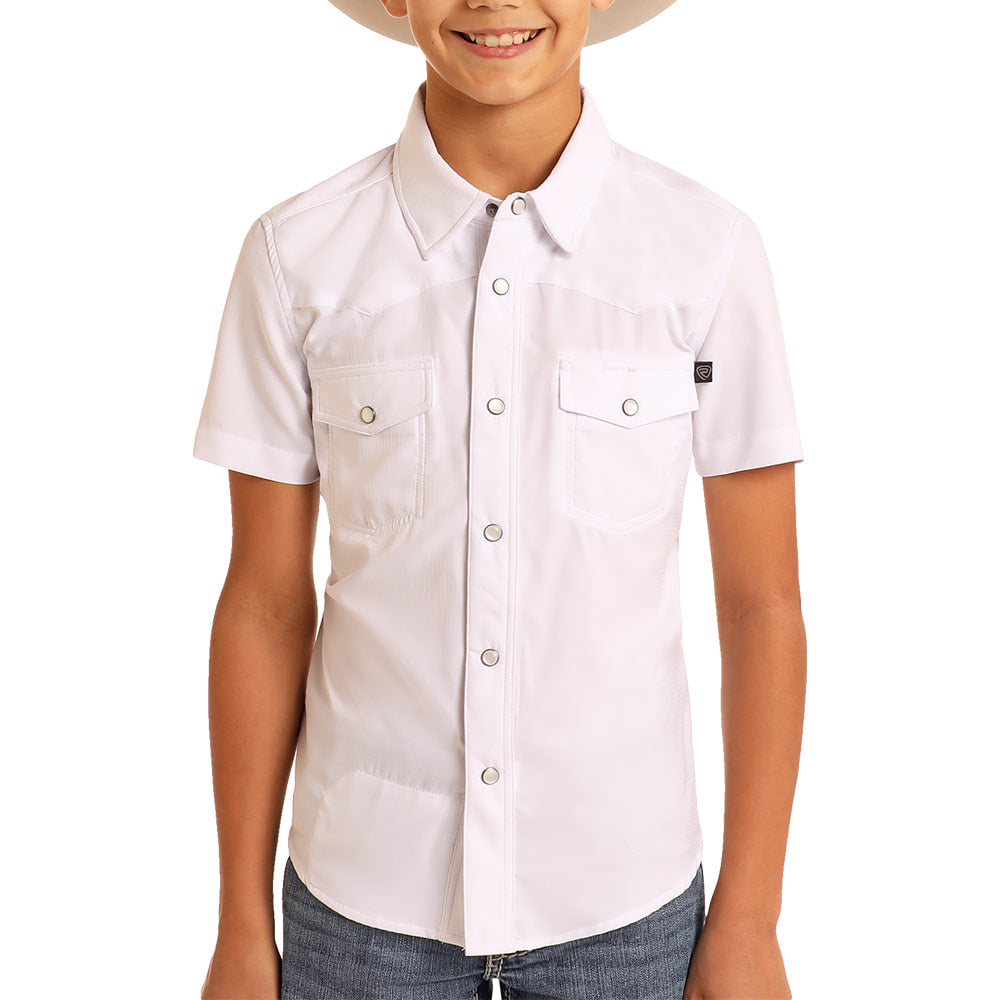 Rock & Roll Cowboy Apparel Rock & Roll Cowboy TEK Western Boy's Short Sleeve Snap Shirt In White