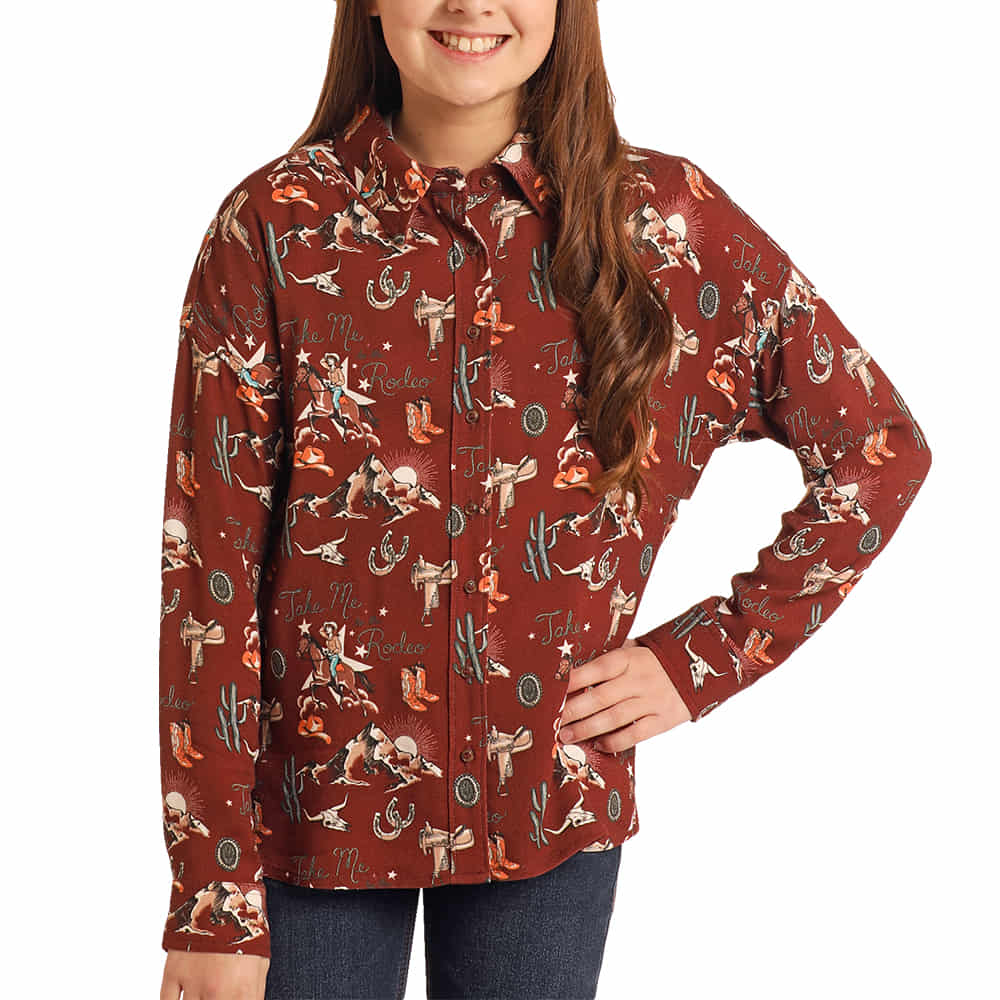 Rock & Roll Cowgirl Apparel Rock And Roll Girl's Brown Retro Conversational Long Sleeve Button-Down Shirt