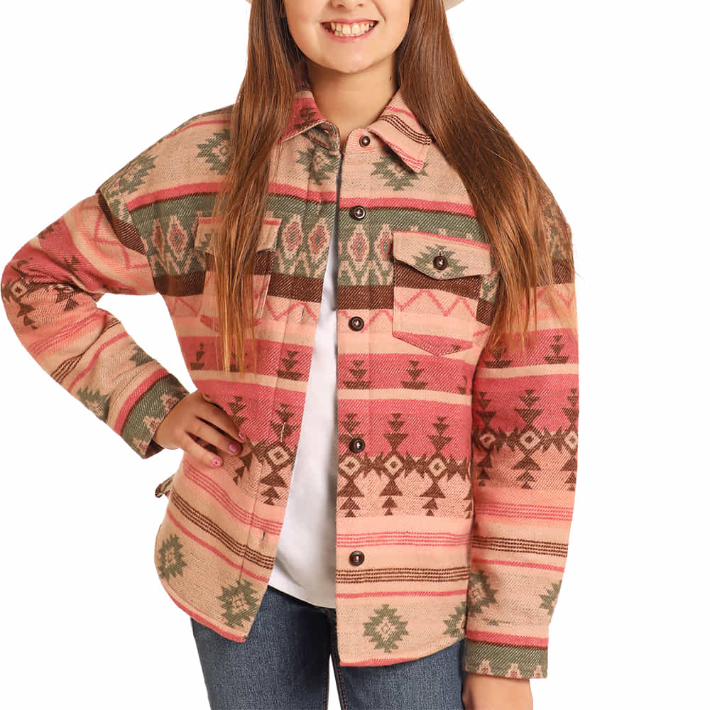Rock & Roll Cowgirl Apparel Rock And Roll Girl's Pink Aztec Sherpa Lined Shirt Jacket
