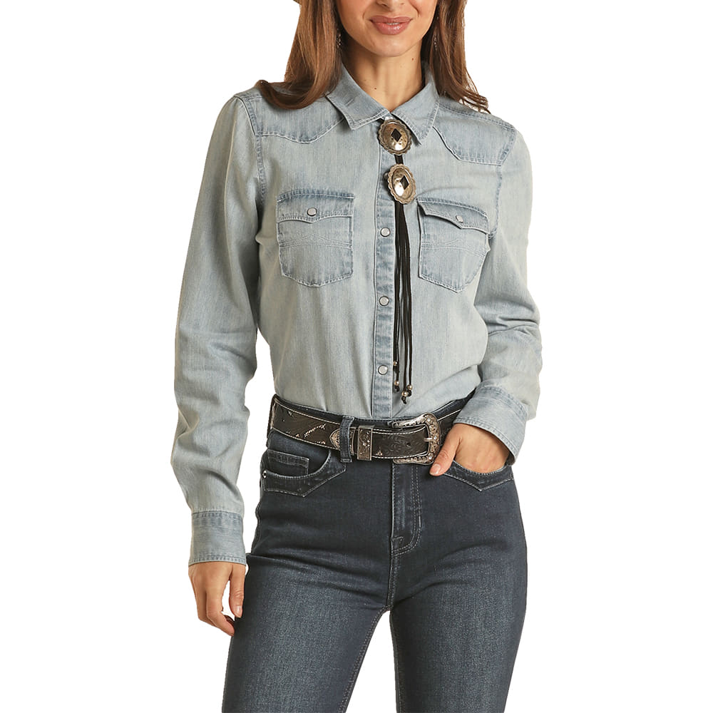 Rock & Roll Cowgirl Apparel Rock And Roll Women's Blue Denim Long Sleeve Snap Shirt