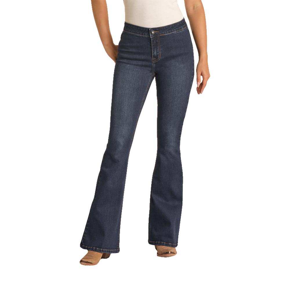 Rock & Roll Cowgirl Apparel Rock & Roll Cowgirl Button Bargain Flare Extra Stretch Dark Wash Women's Jeans