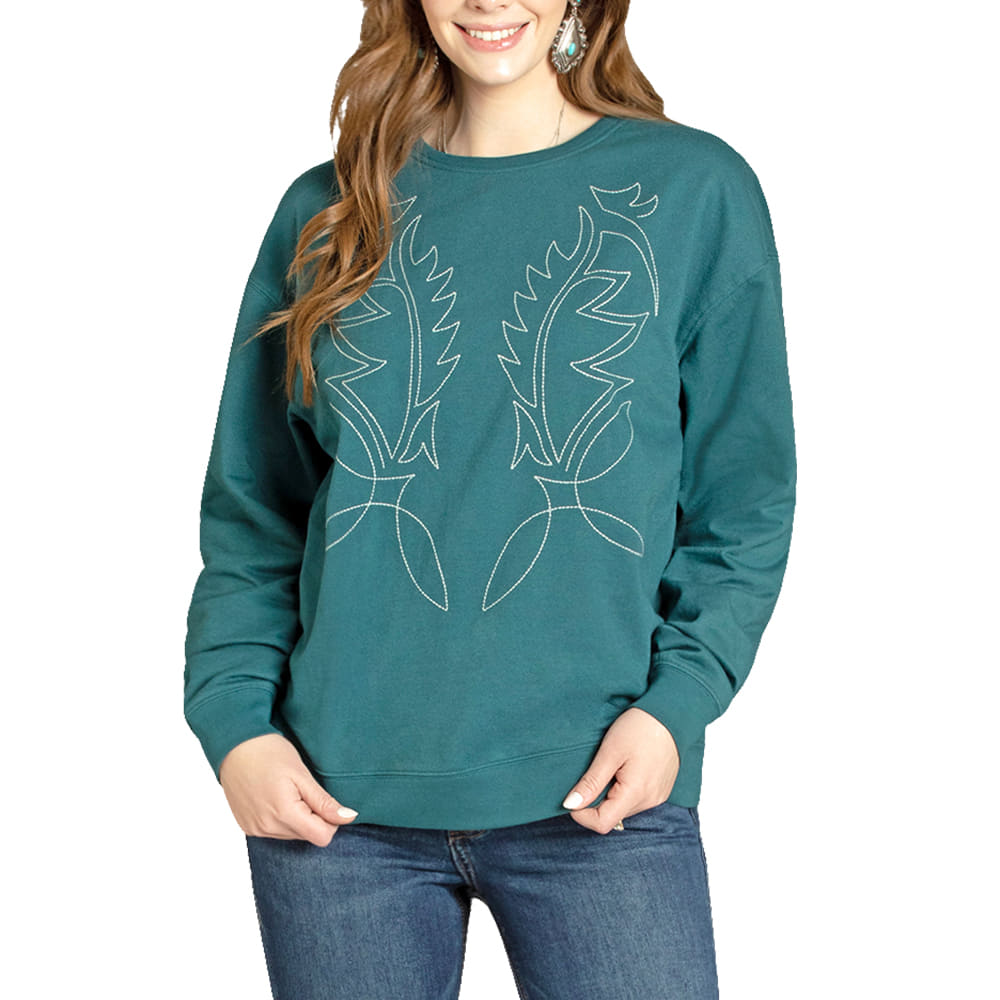 Rock & Roll Cowgirl Apparel Rock & Roll Cowgirl Ladies Distress Wash Boot Stitch Sweatshirt in Teal