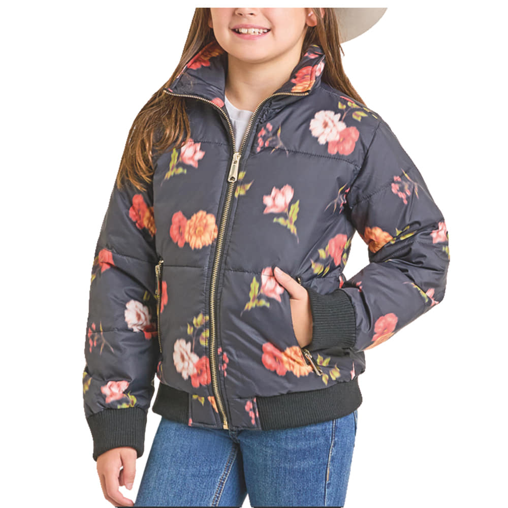 Rock & Roll Cowgirl Apparel Rock & Roll Demin Black and Floral Print Girl's Puffer Jacket