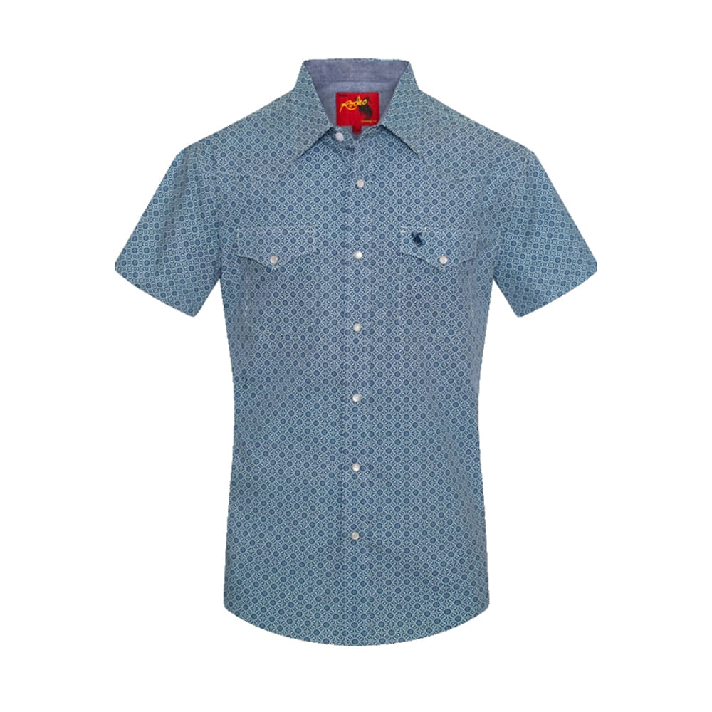 Rodeo Clothing Apparel Rodeo Clothing Men's Short Sleeve Pearl Snap Shirt in Blue