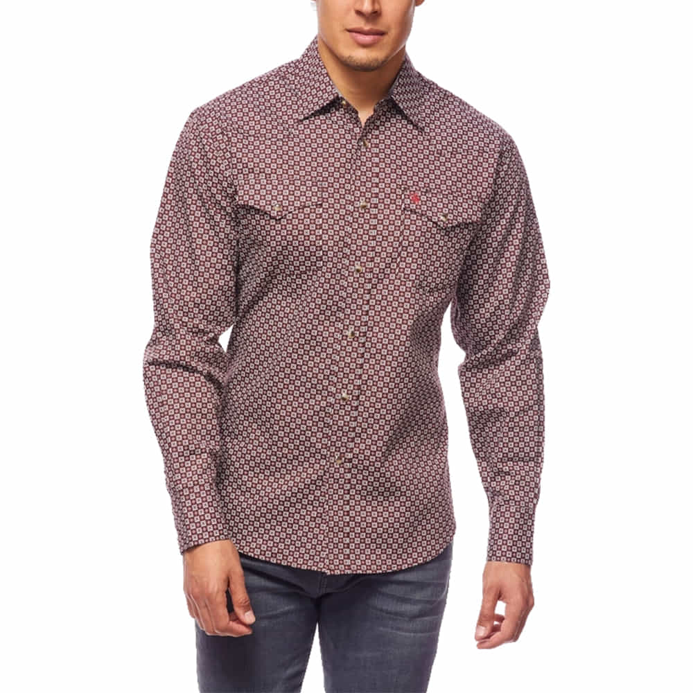 Rodeo Clothing Apparel Rodeo Clothing Men's Western Snap Long Sleeve Burgundy Printed Shirt