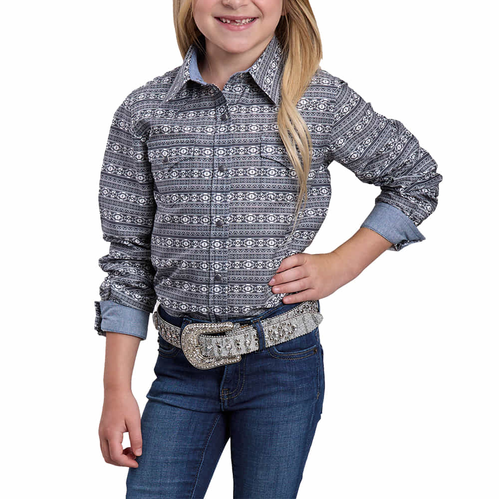 Roper Apparel GIRLS LONG SLEEVE AZTEC PRINT SNAP SHIRT IN GRAY