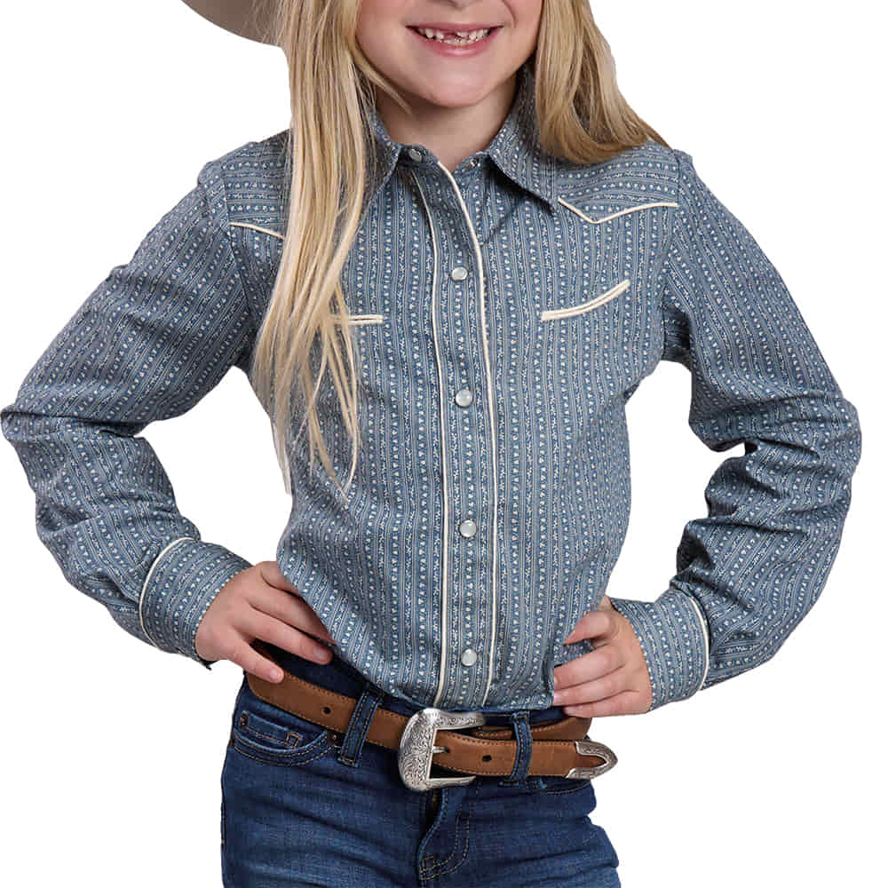 Roper Apparel GIRLS LONG SLEEVE SMILE POCKET SNAP SHIRT IN BLUE