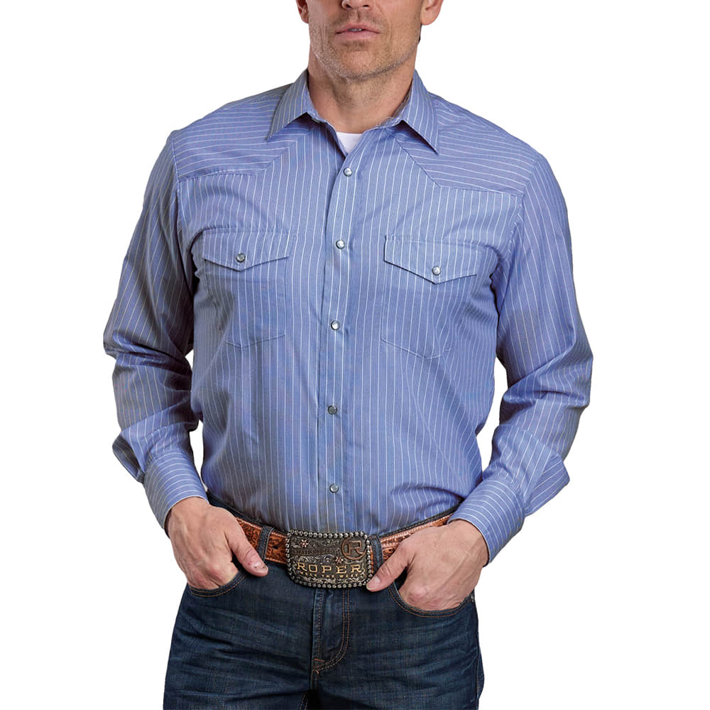 Roper Apparel MENS LONG SLEEVE SNAP STRIPPED SHIRT IN BLUE