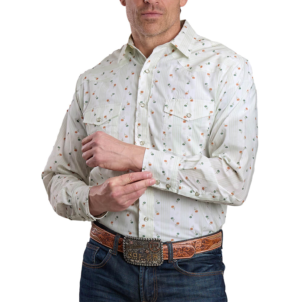 Roper Apparel MENS LONG SLEEVE SNAP WALL PAPER STRIPE FLORALS IN WHITE