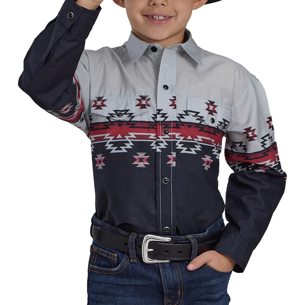 Roper Apparel Roper Aztec Border Print Long Sleeve Snap Boy's Shirt In Blue