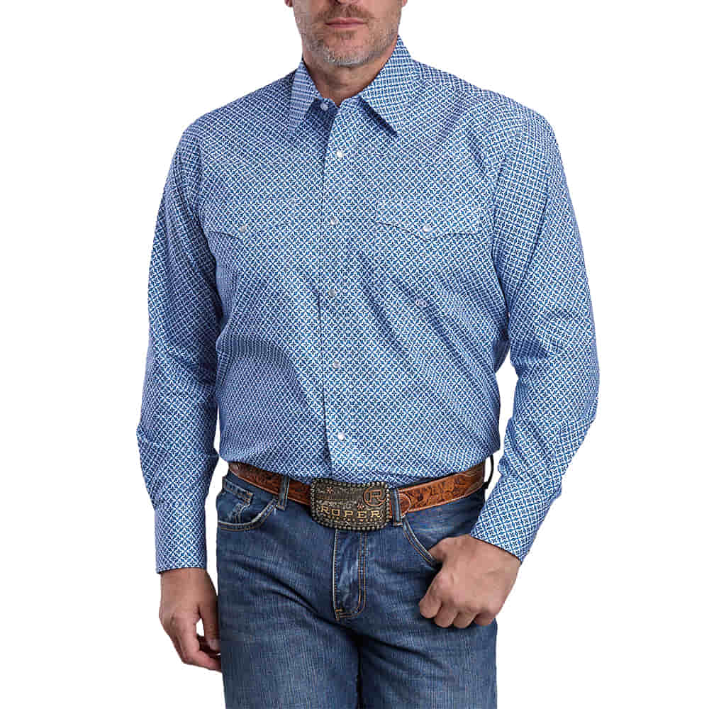 Roper Apparel Roper Blue Printed Long Sleeve Snap Button Men's Shirt